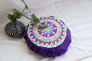 Embroidered Round Zafu Yoga Pillow |Zipped Cover |Washable| Portable - Size Medium - Mandala - Bright Purple - Filling Options - Pre-Orders