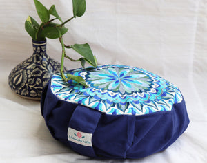 Embroidered Round Zafu Yoga Pillow |Zipped Cover |Washable| Portable - Size Medium - Mandala - Blue - Filling Options - Pre-Orders