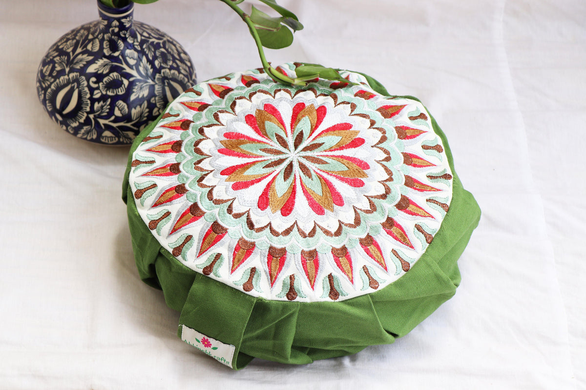 Embroidered Round Zafu Yoga Pillow |Zipped Cover |Washable| Portable - Size Medium - Mandala - Leafy Green - Filling Options - Pre-Orders