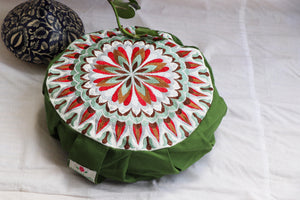 Embroidered Round Zafu Yoga Pillow |Zipped Cover |Washable| Portable - Size Medium - Mandala - Leafy Green - Filling Options - Pre-Orders