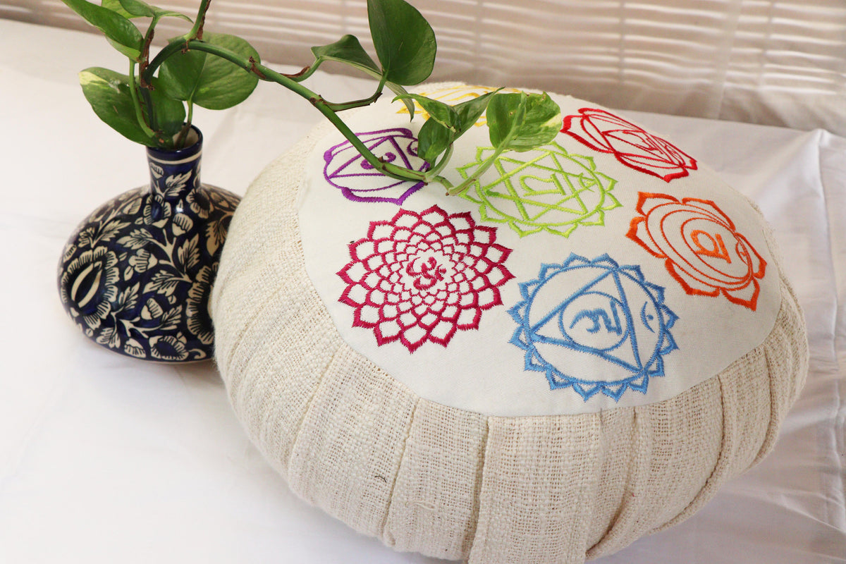 Embroidered Seven Chakra Round Zafu Yoga Pillow |Zipped Cover |Washable| Portable - Filling Options - Pre-Orders
