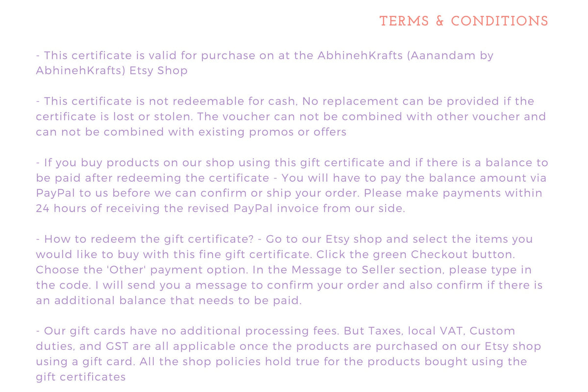 Abhinehkrafts - Gift Certificate - Redeemable only at the AbhinehKrafts Etsy Shop