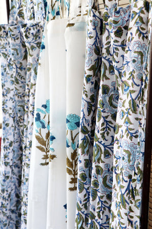Handblock Print Mulmul (Muslin) Curtain/Room Divider/Sheer/Drape with Loops - Love as we know it - Set of Three Curtains