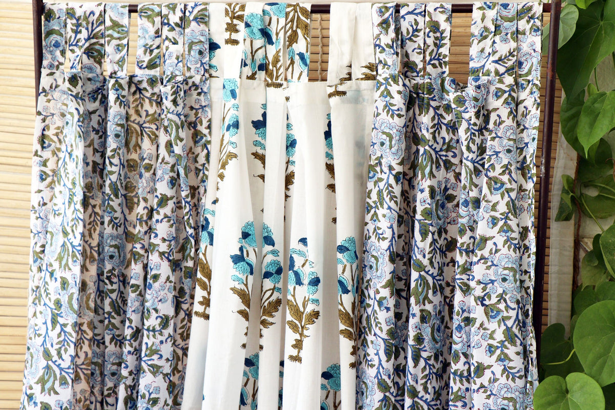 Handblock Print Mulmul (Muslin) Curtain/Room Divider/Sheer/Drape with Loops - Love as we know it - Set of Three Curtains