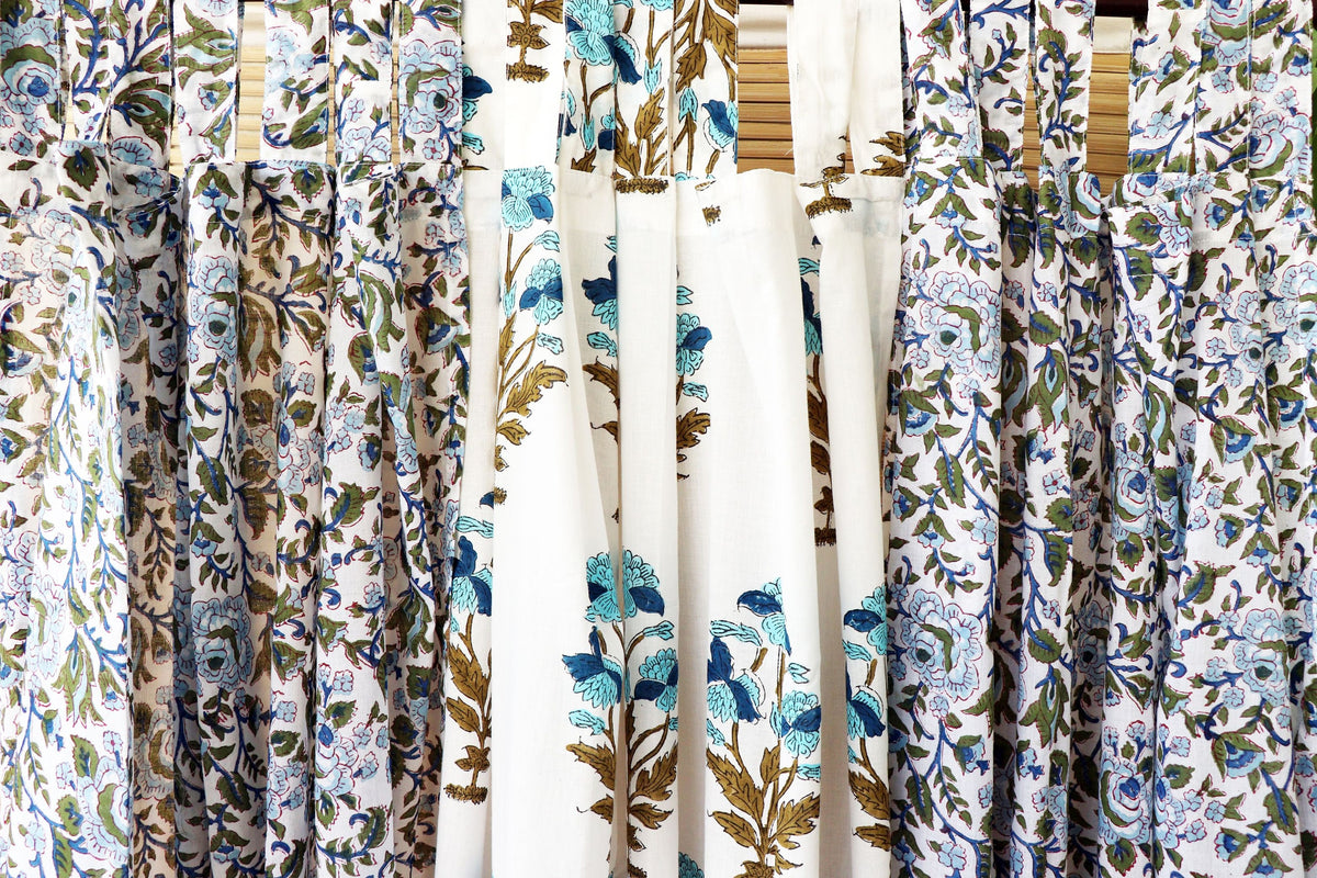 Handblock Print Mulmul (Muslin) Curtain/Room Divider/Sheer/Drape with Loops - Love as we know it - Set of Three Curtains