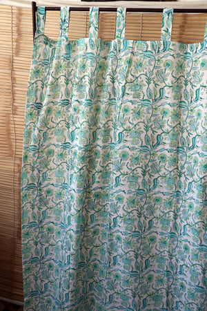 Handblock Print Mulmul (Muslin) Curtain/Room Divider/Sheer/Drape with Loops - La La Land - Set of Two Curtains