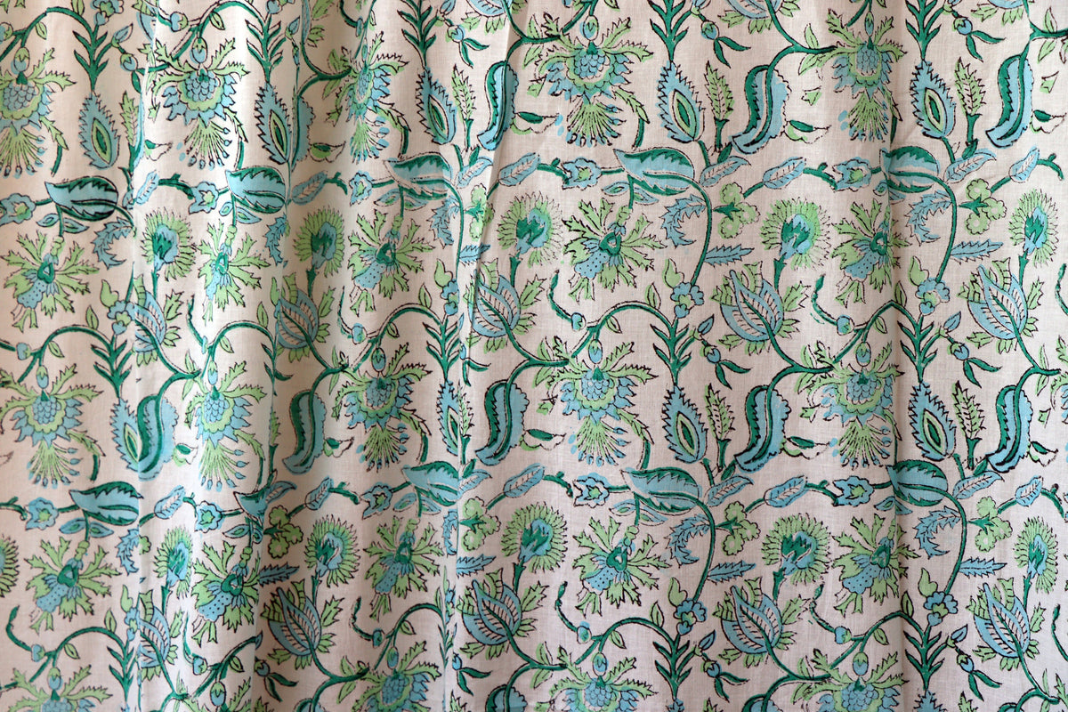 Handblock Print Mulmul (Muslin) Curtain/Room Divider/Sheer/Drape with Loops - La La Land - Set of Two Curtains