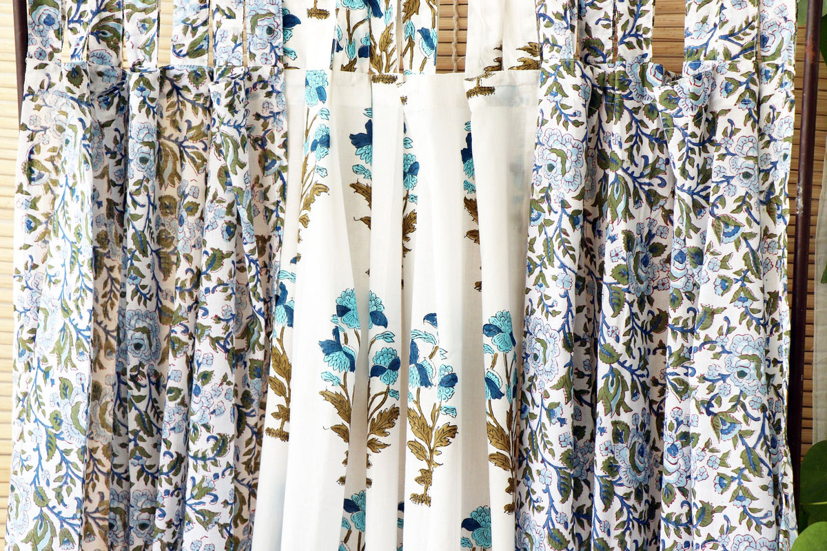 Handblock Print Mulmul (Muslin) Curtain/Room Divider/Sheer/Drape with Loops - Love as we know it - Set of Three Curtains