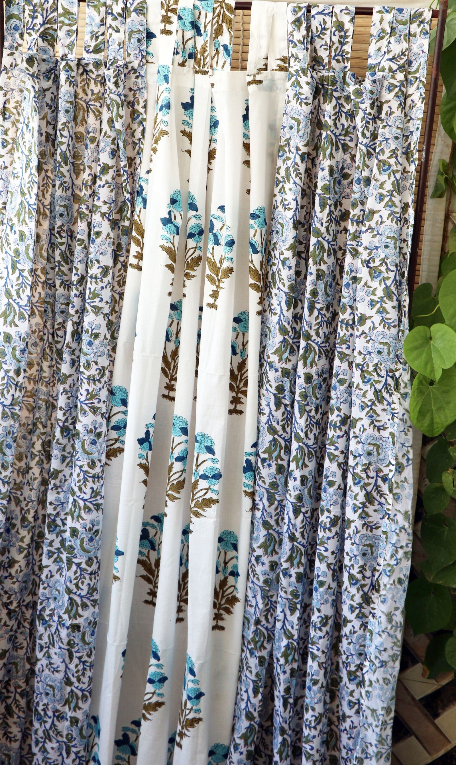 Handblock Print Mulmul (Muslin) Curtain/Room Divider/Sheer/Drape with Loops - Love as we know it - Set of Three Curtains
