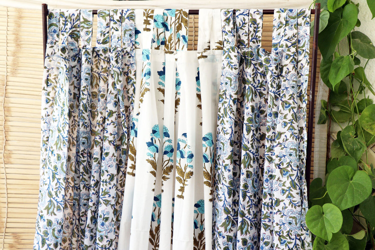 Handblock Print Mulmul (Muslin) Curtain/Room Divider/Sheer/Drape with Loops - Love as we know it - Set of Three Curtains