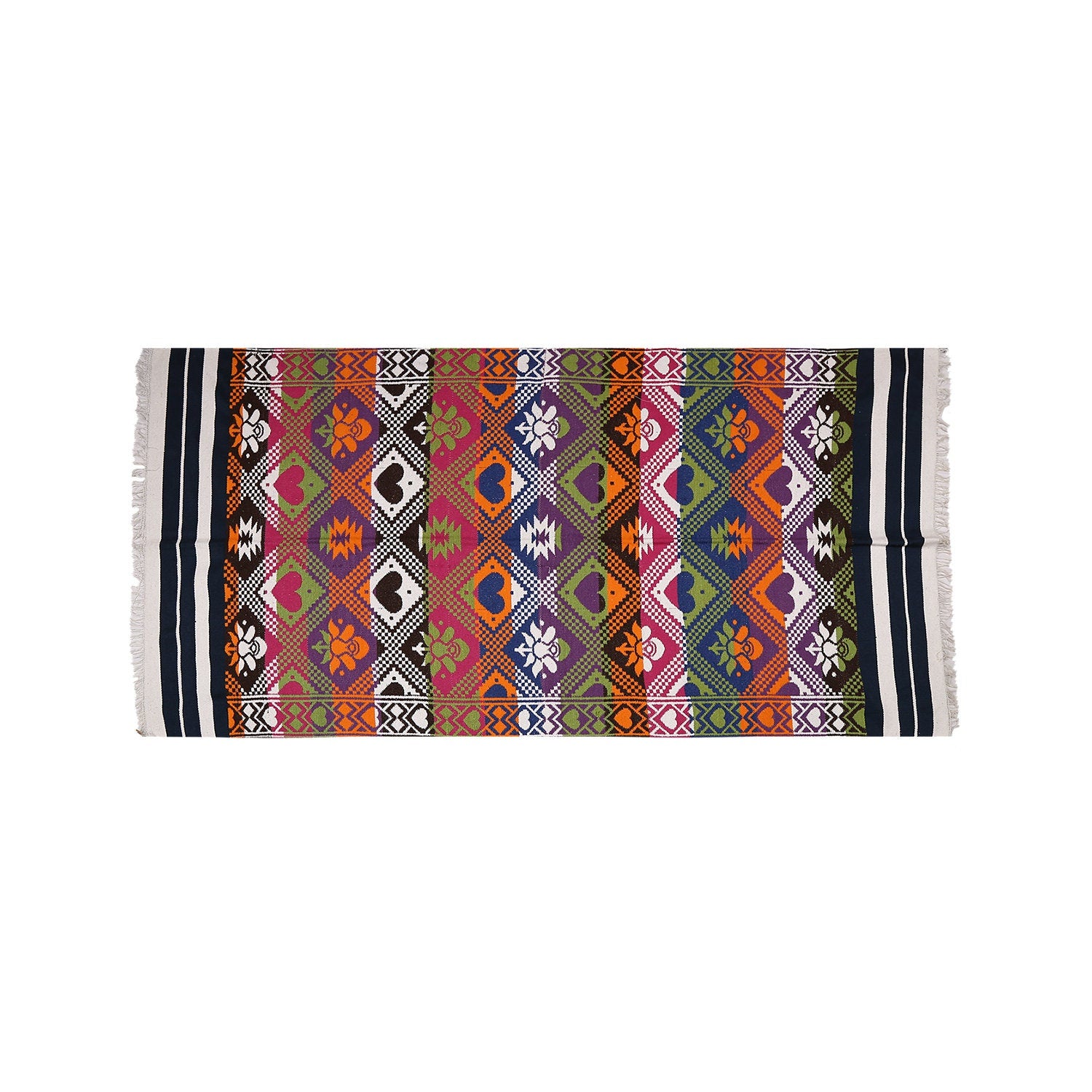 Indian Boho/Bohemian Cotton Reversible Area Rug/Chindi Rag/Floor Runner/Yoga Mat/Dhurrie/Kilm/Carpet - Adhrit