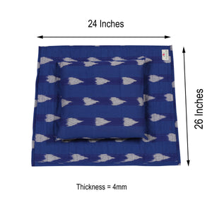 Meditation & Prayer Mat with Matching Cushion/Pillow/Seat - Handwoven Rug with Ikkat Print - Sea Side Blue