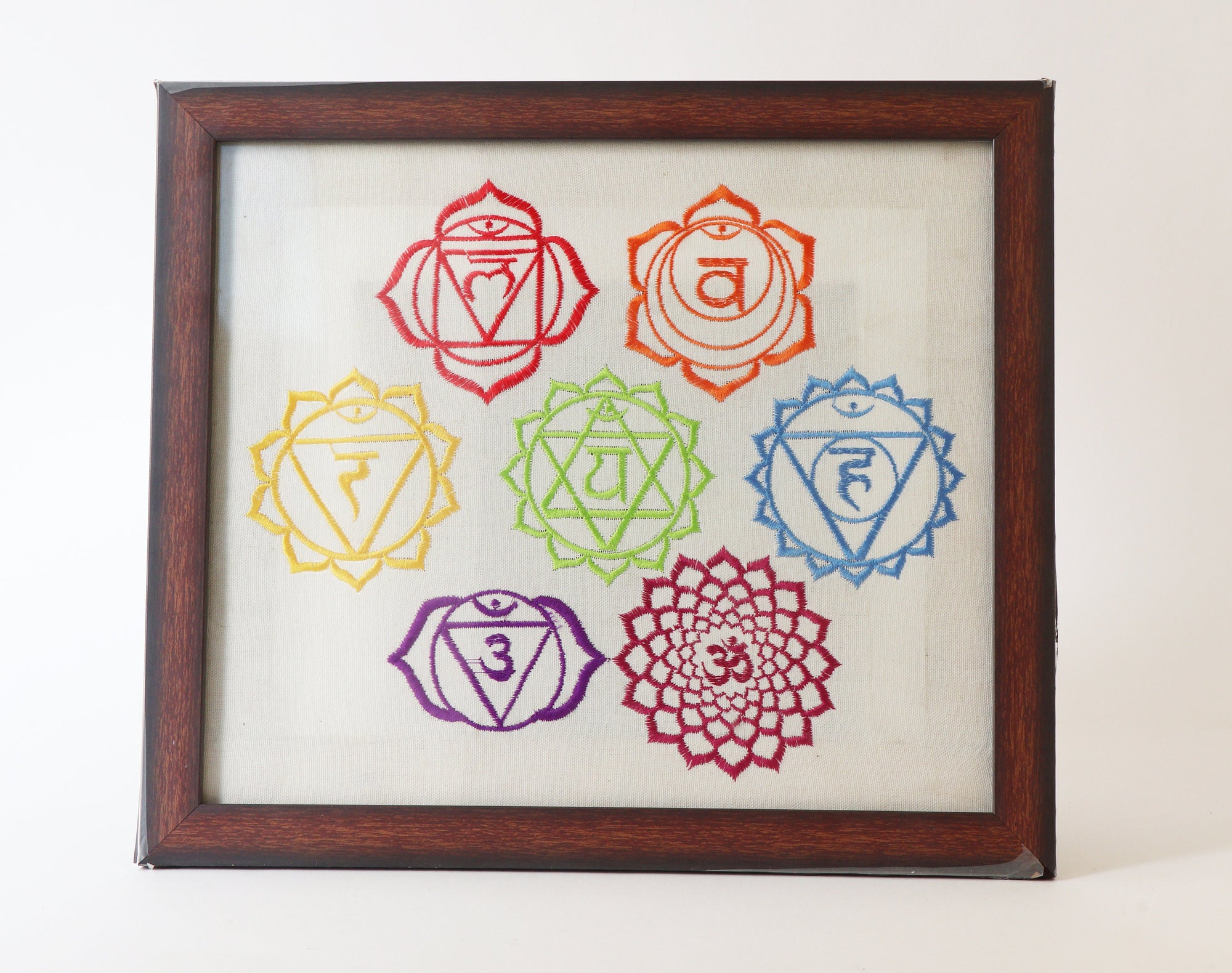 Gift - Seven Chakra Embroidered Picture Frame (Wood Brown Finish) - For Meditation, Yoga Studio, Home Decor - Made in India