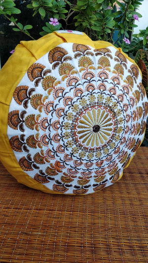 Embroidered Round Zafu Yoga Pillow |Zipped Cover |Washable| Portable - Krishna (Yellow on Yellow) - Size and Filling Options