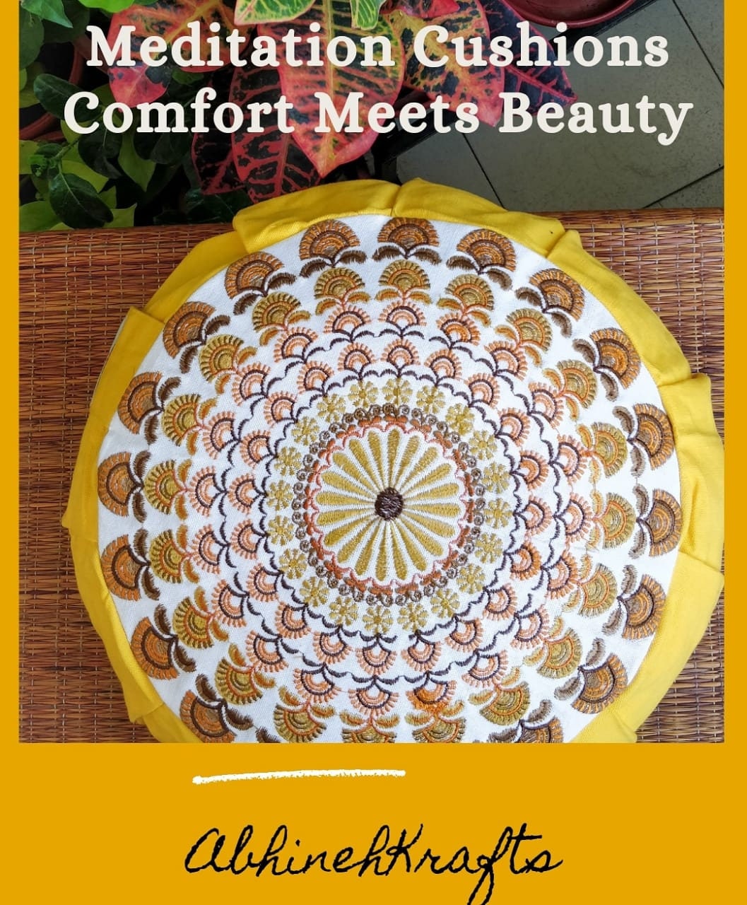 Embroidered Round Zafu Yoga Pillow |Zipped Cover |Washable| Portable - Krishna (Yellow on Yellow) - Size and Filling Options