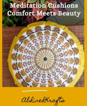 Embroidered Round Zafu Yoga Pillow |Zipped Cover |Washable| Portable - Krishna (Yellow on Yellow) - Size and Filling Options