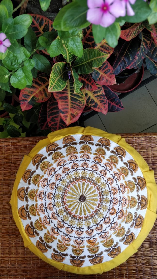 Embroidered Round Zafu Yoga Pillow |Zipped Cover |Washable| Portable - Krishna (Yellow on Yellow) - Size and Filling Options