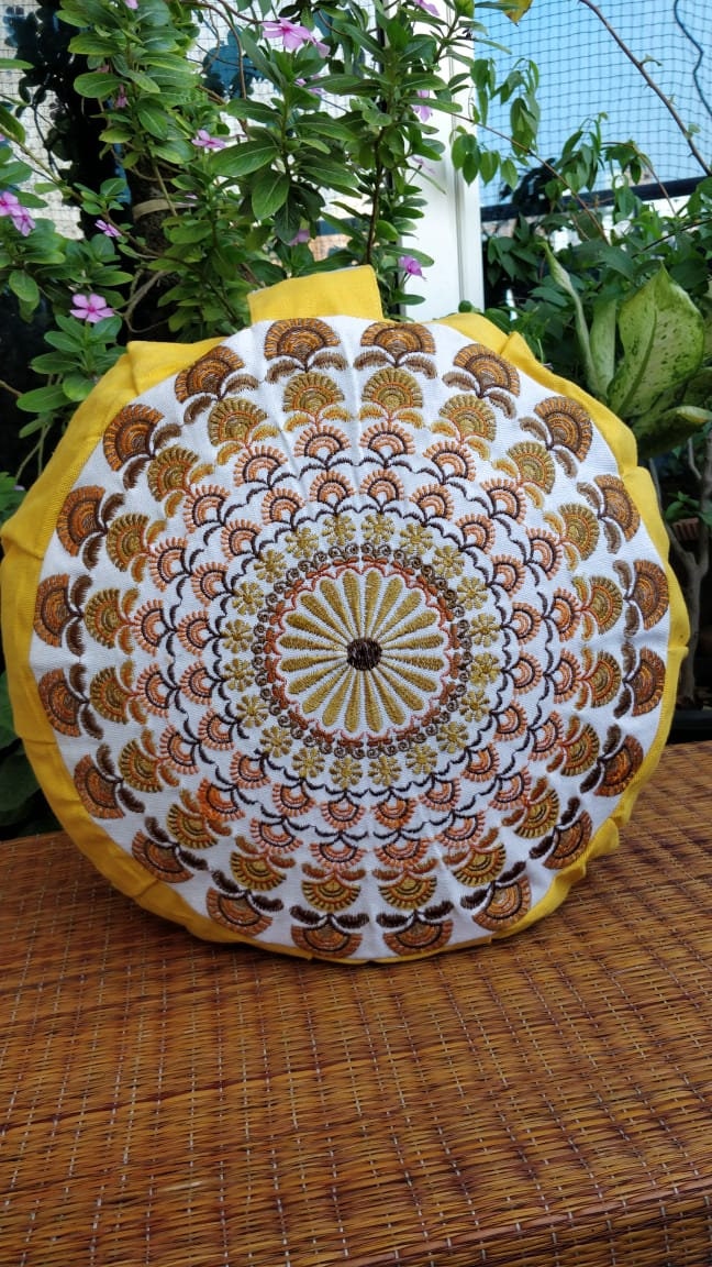 Embroidered Round Zafu Yoga Pillow |Zipped Cover |Washable| Portable - Krishna (Yellow on Yellow) - Size and Filling Options