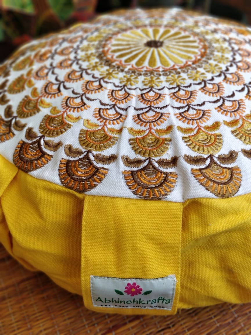 Embroidered Round Zafu Yoga Pillow |Zipped Cover |Washable| Portable - Krishna (Yellow on Yellow) - Size and Filling Options