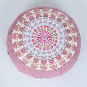 Embroidered Round Zafu Yoga Pillow |Zipped Cover |Washable| Portable - Kaveri (Dust Pink on Pink) - Size and Filling Options