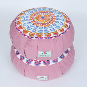 Embroidered Round Zafu Yoga Pillow |Zipped Cover |Washable| Portable - Godavari (Blue on Dust Pink) - Size and Filling Options