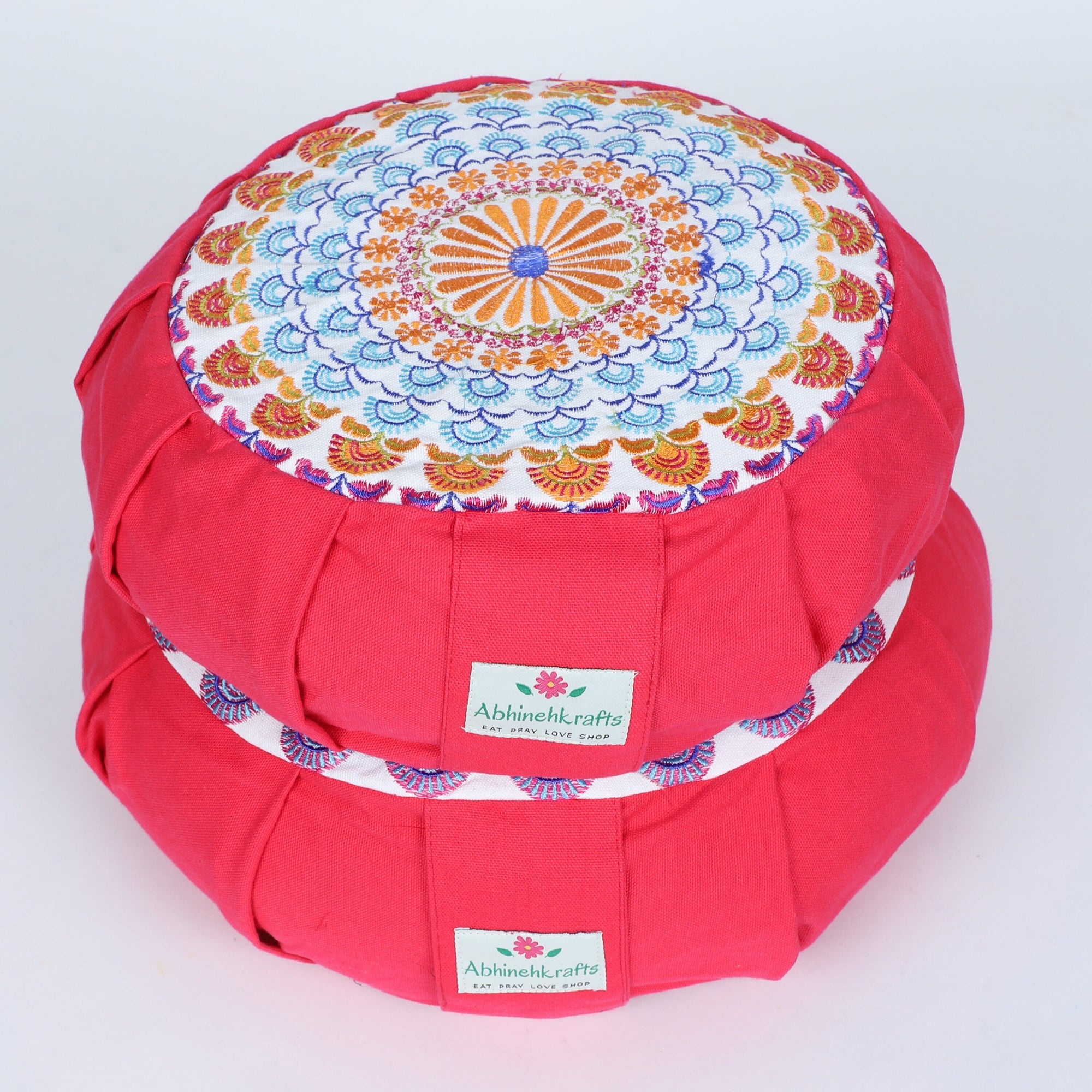 Embroidered Round Zafu Yoga Pillow |Zipped Cover |Washable| Portable - Beas (Blue on Fuscia Pink) - Size and Filling Options