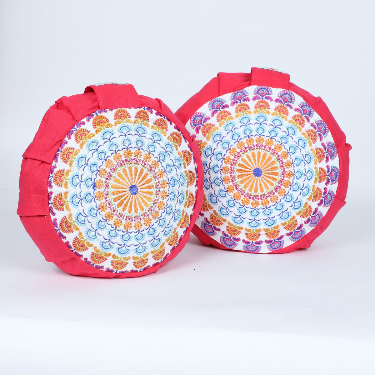 Embroidered Round Zafu Yoga Pillow |Zipped Cover |Washable| Portable - Beas (Blue on Fuscia Pink) - Size and Filling Options