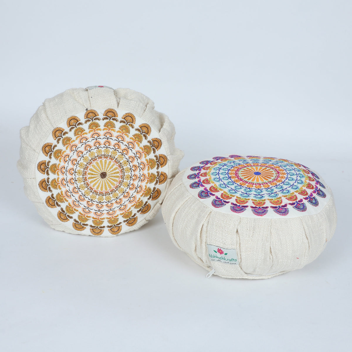 Embroidered Round Zafu Yoga Pillow |Zipped Cover |Washable| Portable - Ananda (Medium) Filling Options
