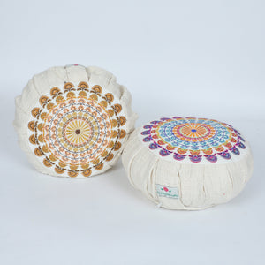 Embroidered Round Zafu Yoga Pillow |Zipped Cover |Washable| Portable - Ananda (Medium) Filling Options