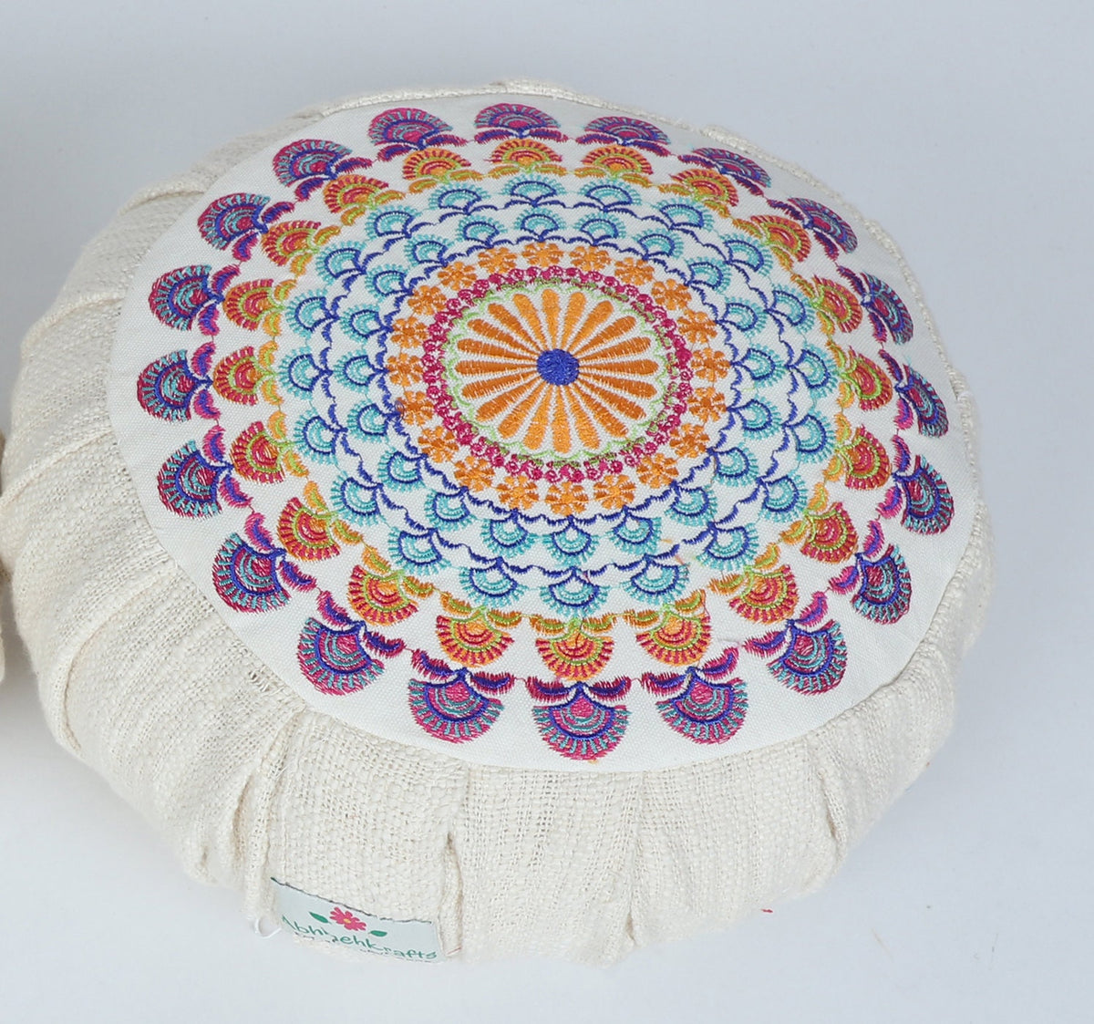 Embroidered Round Zafu Yoga Pillow |Zipped Cover |Washable| Portable - Ananda (Medium) Filling Options