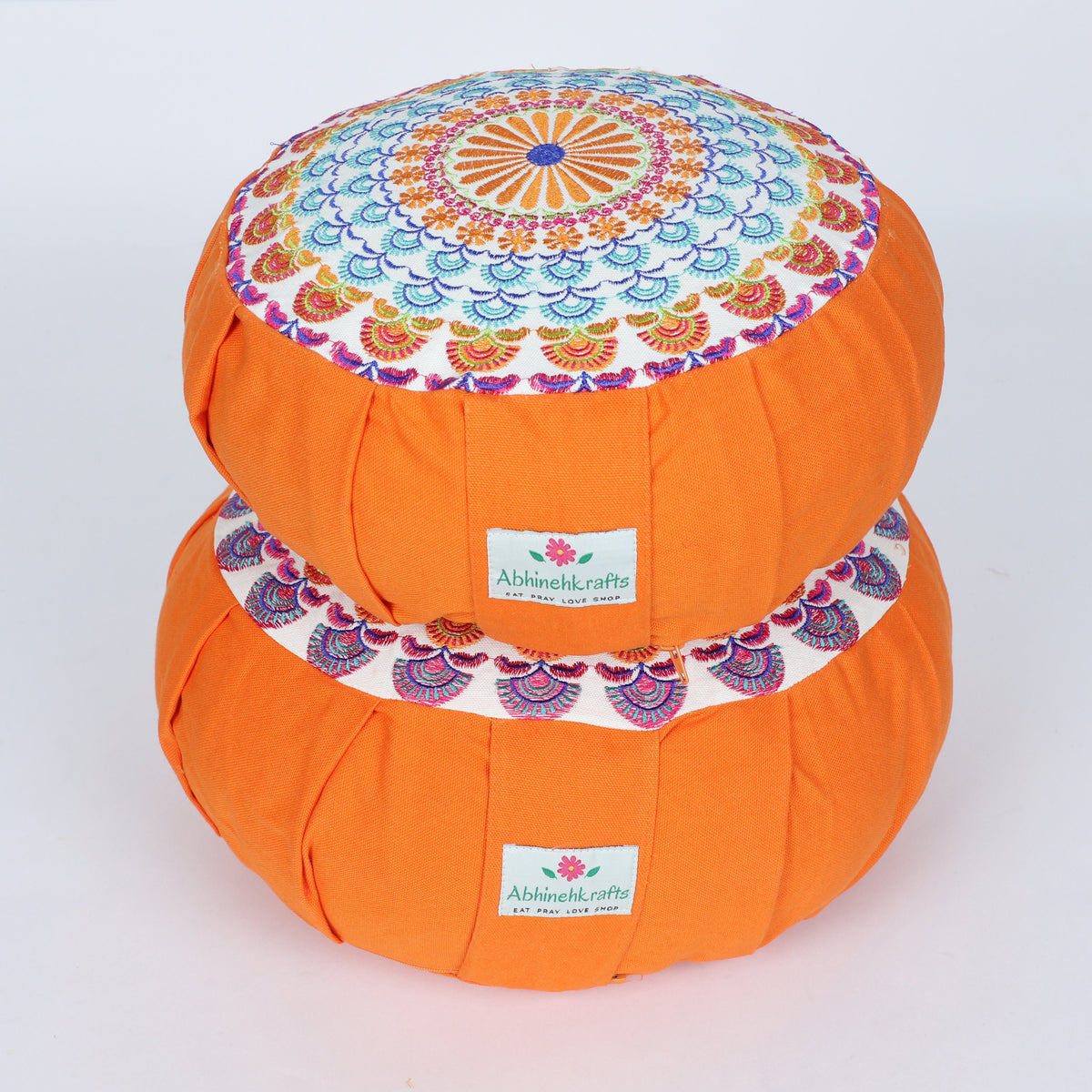 Embroidered Round Zafu Yoga Pillow |Zipped Cover |Washable| Portable - Ganga (Blue on Orange) - Size and Filling Options