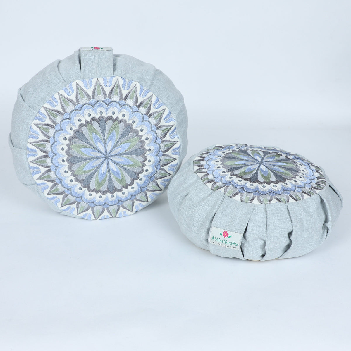 Embroidered Round Zafu Yoga Pillow |Zipped Cover |Washable| Portable - Narmada (Grey on Grey) - Size and Filling Options