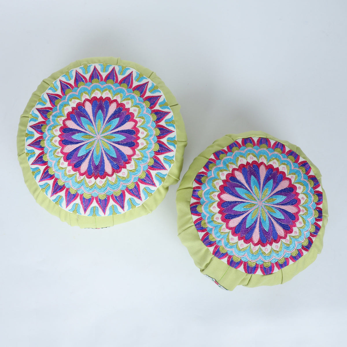 Embroidered Round Zafu Yoga Pillow |Zipped Cover |Washable| Portable - Yamuna (Blue on Olive) - Size and Filling Options