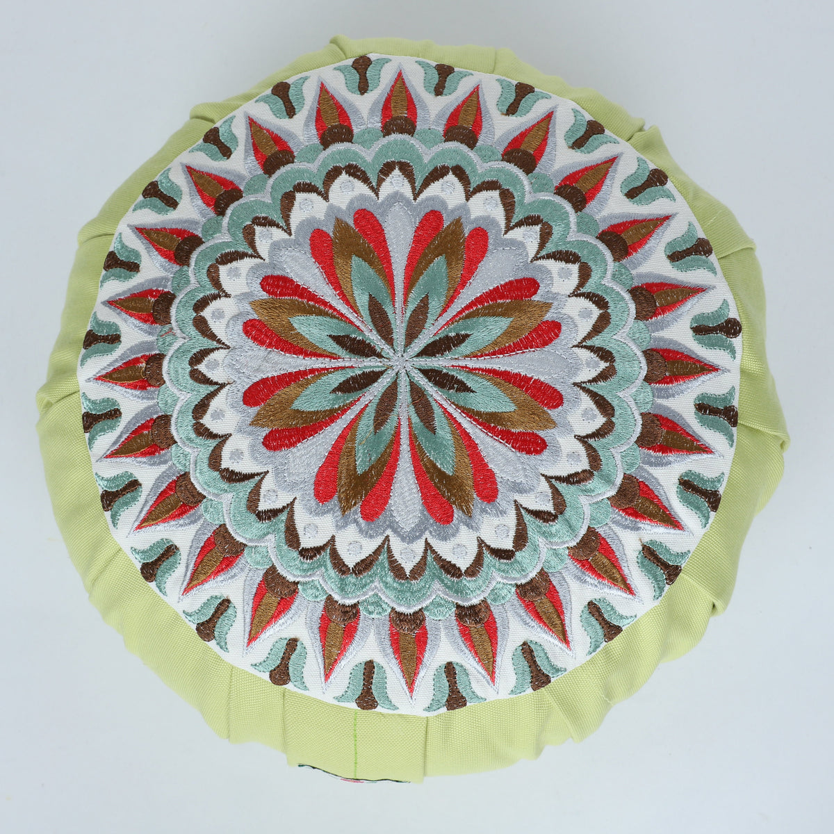 Embroidered Round Zafu Yoga Pillow |Zipped Cover |Washable| Portable - Jhelum (Red on Olive) - Size and Filling Options