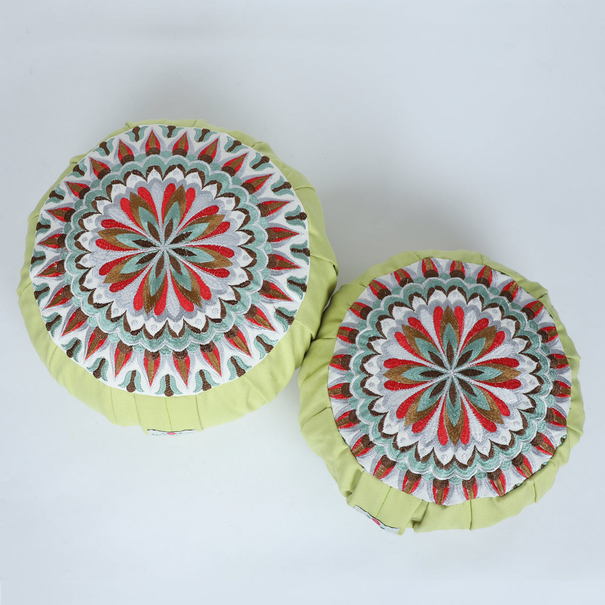 Embroidered Round Zafu Yoga Pillow |Zipped Cover |Washable| Portable - Jhelum (Red on Olive) - Size and Filling Options