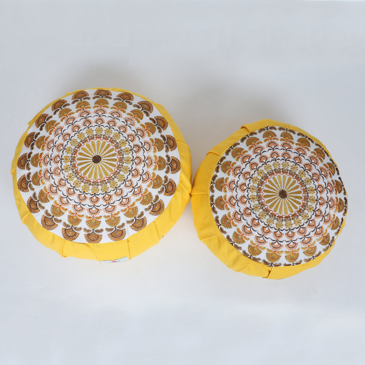 Embroidered Round Zafu Yoga Pillow |Zipped Cover |Washable| Portable - Krishna (Yellow on Yellow) - Size and Filling Options