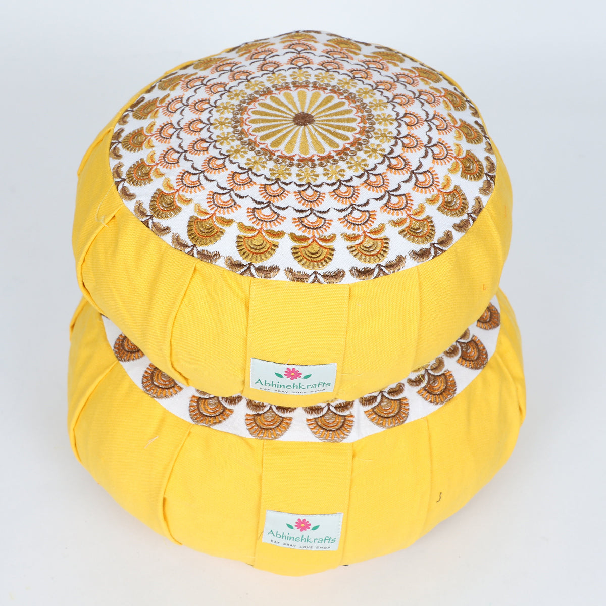 Embroidered Round Zafu Yoga Pillow |Zipped Cover |Washable| Portable - Krishna (Yellow on Yellow) - Size and Filling Options