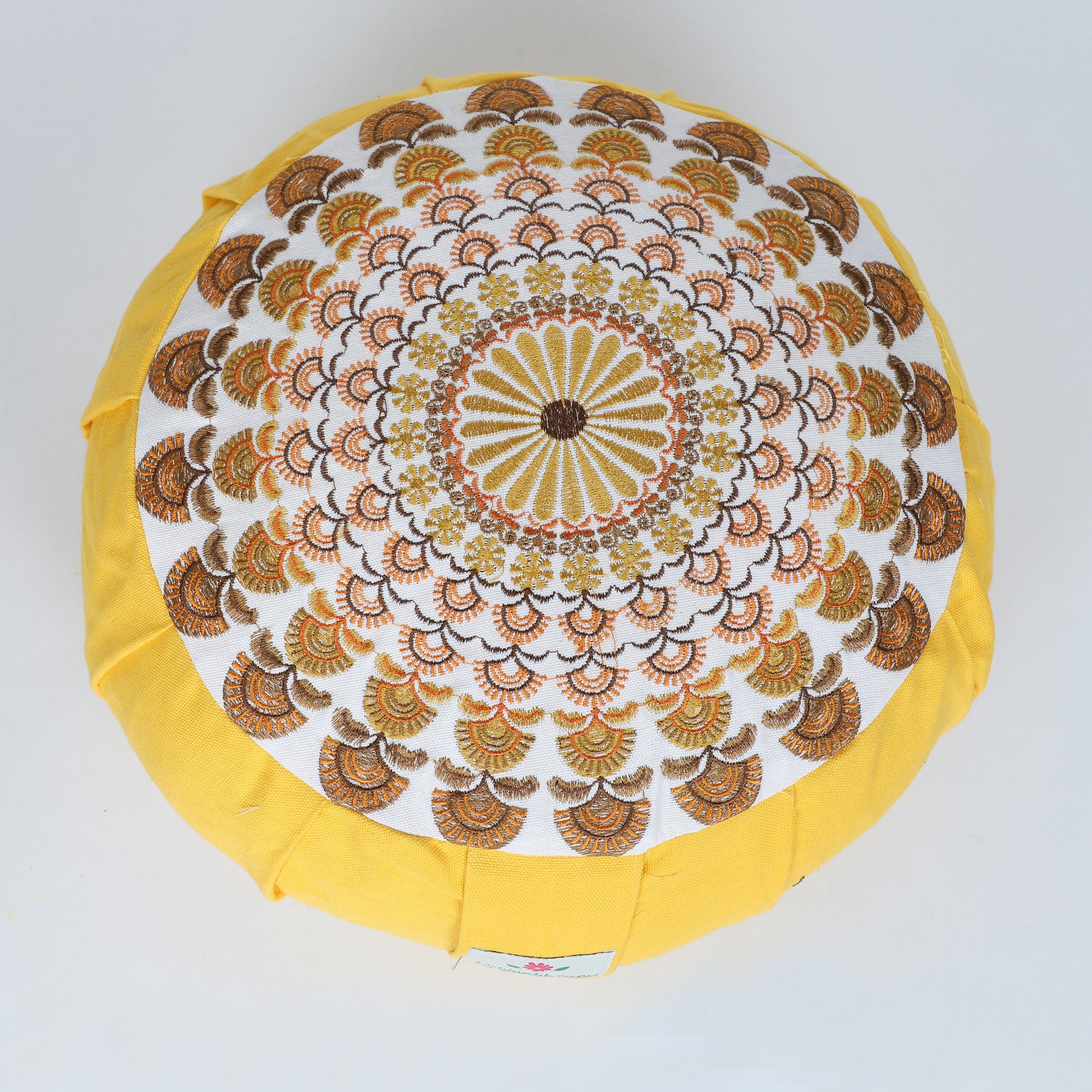 Embroidered Round Zafu Yoga Pillow |Zipped Cover |Washable| Portable - Krishna (Yellow on Yellow) - Size and Filling Options