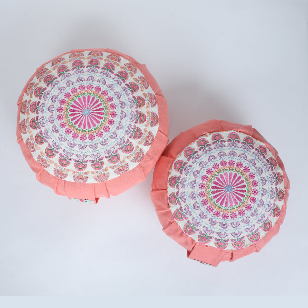 Embroidered Round Zafu Yoga Pillow |Zipped Cover |Washable| Portable - Alaknanda (Pink on PeachPink) - Size and Filling Options