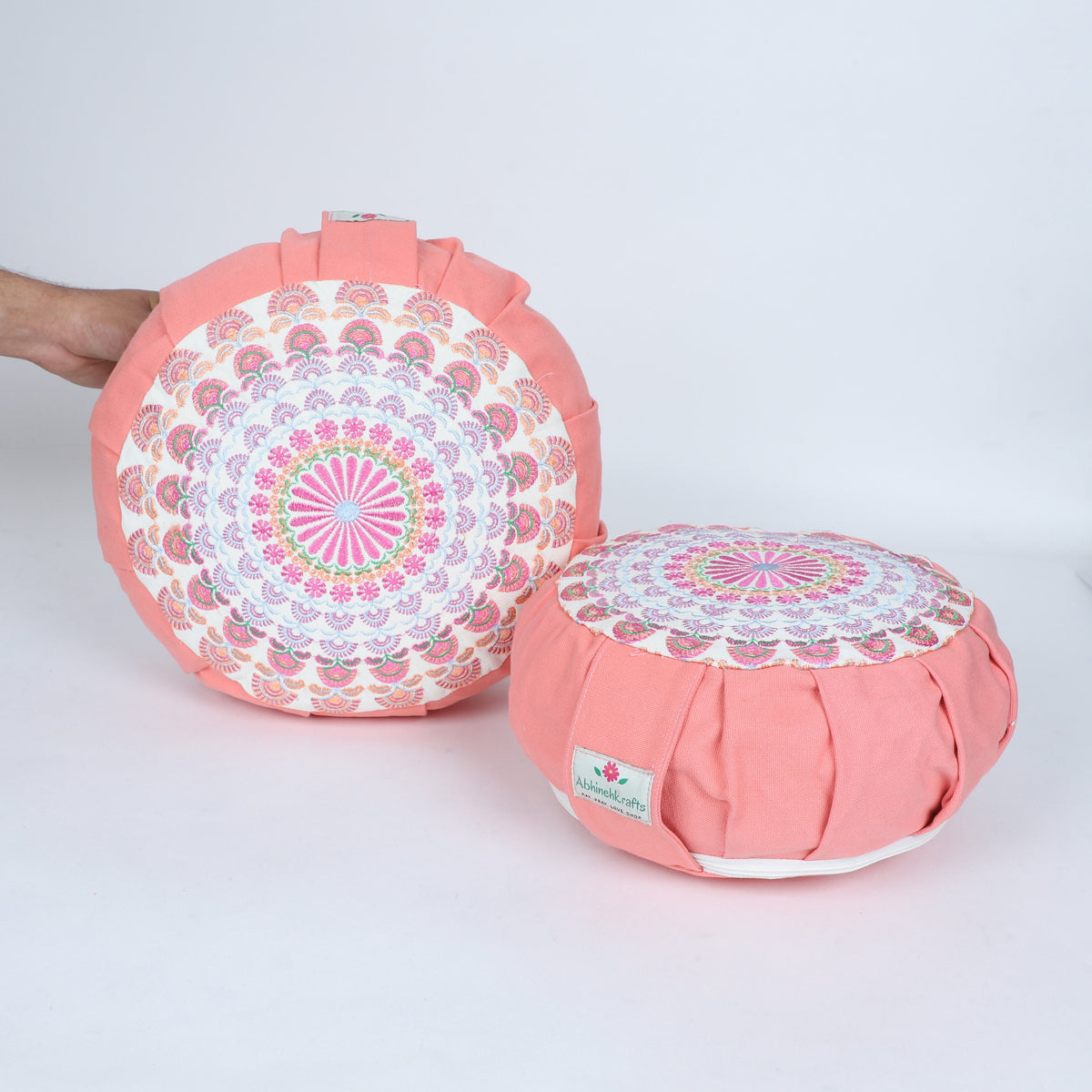 Embroidered Round Zafu Yoga Pillow |Zipped Cover |Washable| Portable - Alaknanda (Pink on PeachPink) - Size and Filling Options