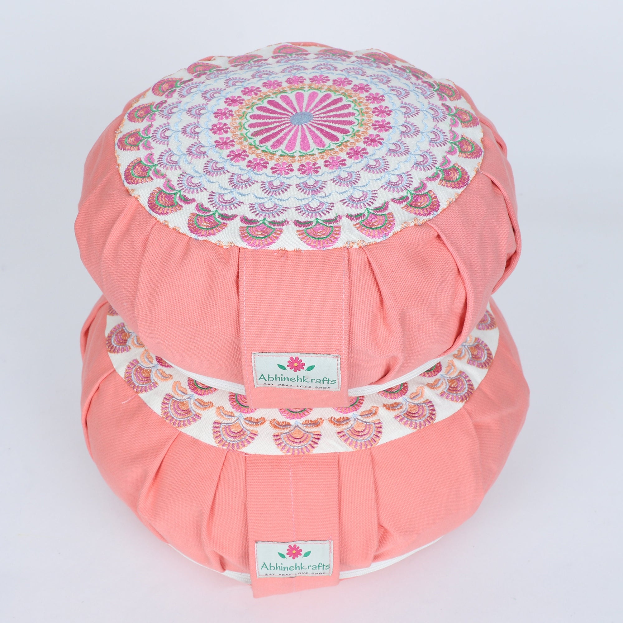 Embroidered Round Zafu Yoga Pillow |Zipped Cover |Washable| Portable - Alaknanda (Pink on PeachPink) - Size and Filling Options