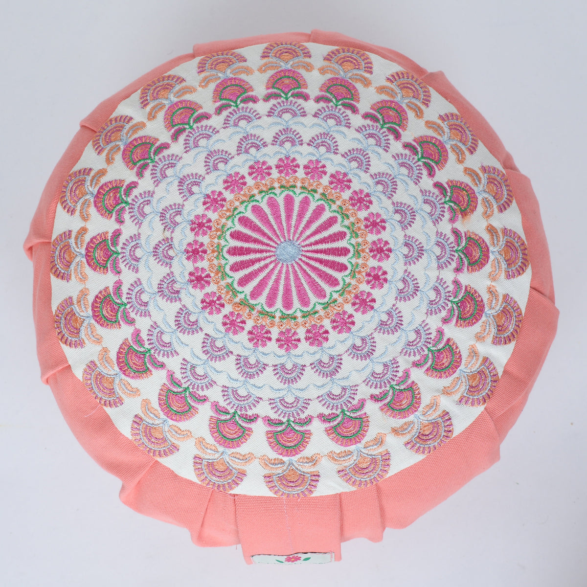 Embroidered Round Zafu Yoga Pillow |Zipped Cover |Washable| Portable - Alaknanda (Pink on PeachPink) - Size and Filling Options