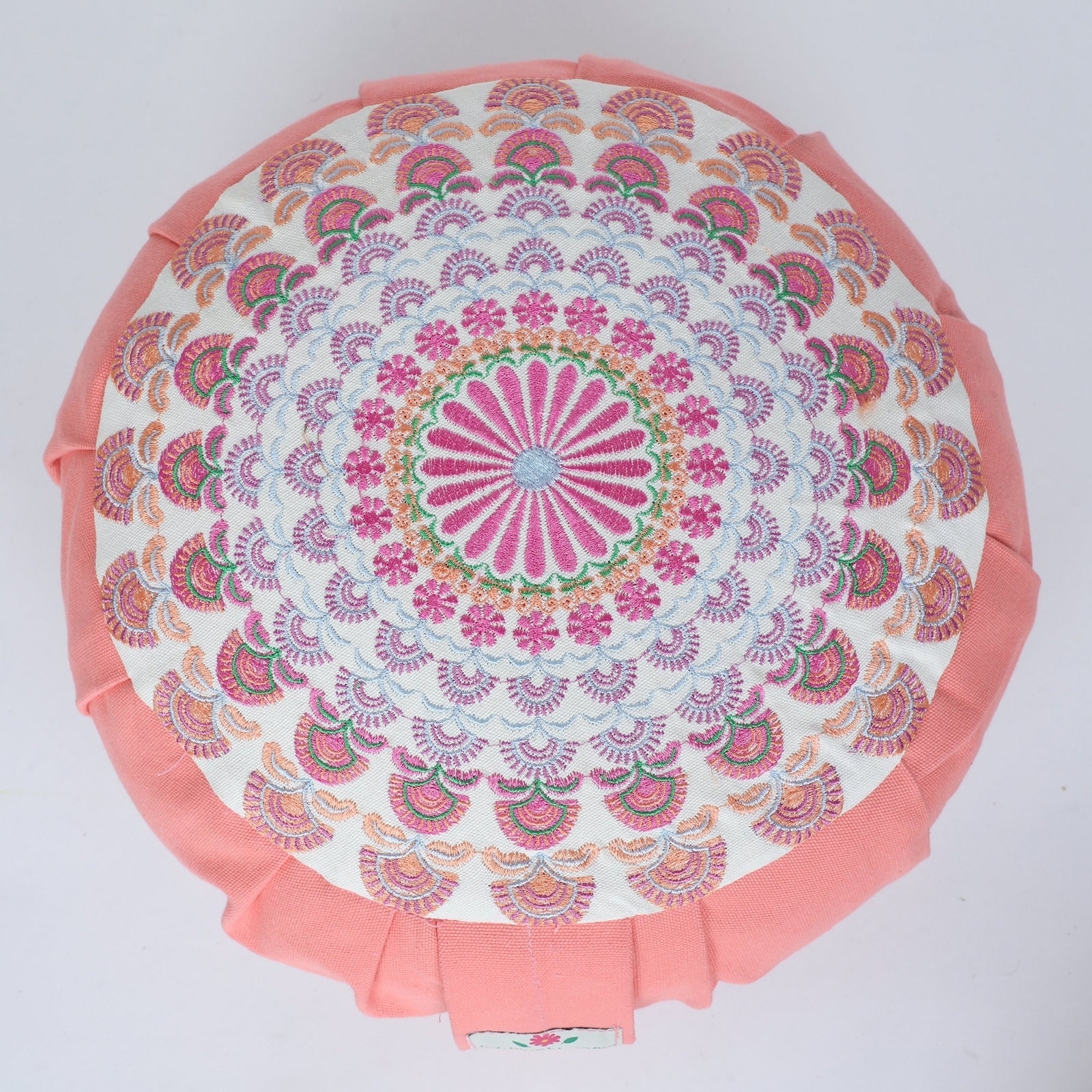 Embroidered Round Zafu Yoga Pillow |Zipped Cover |Washable| Portable - Alaknanda (Pink on PeachPink) - Size and Filling Options