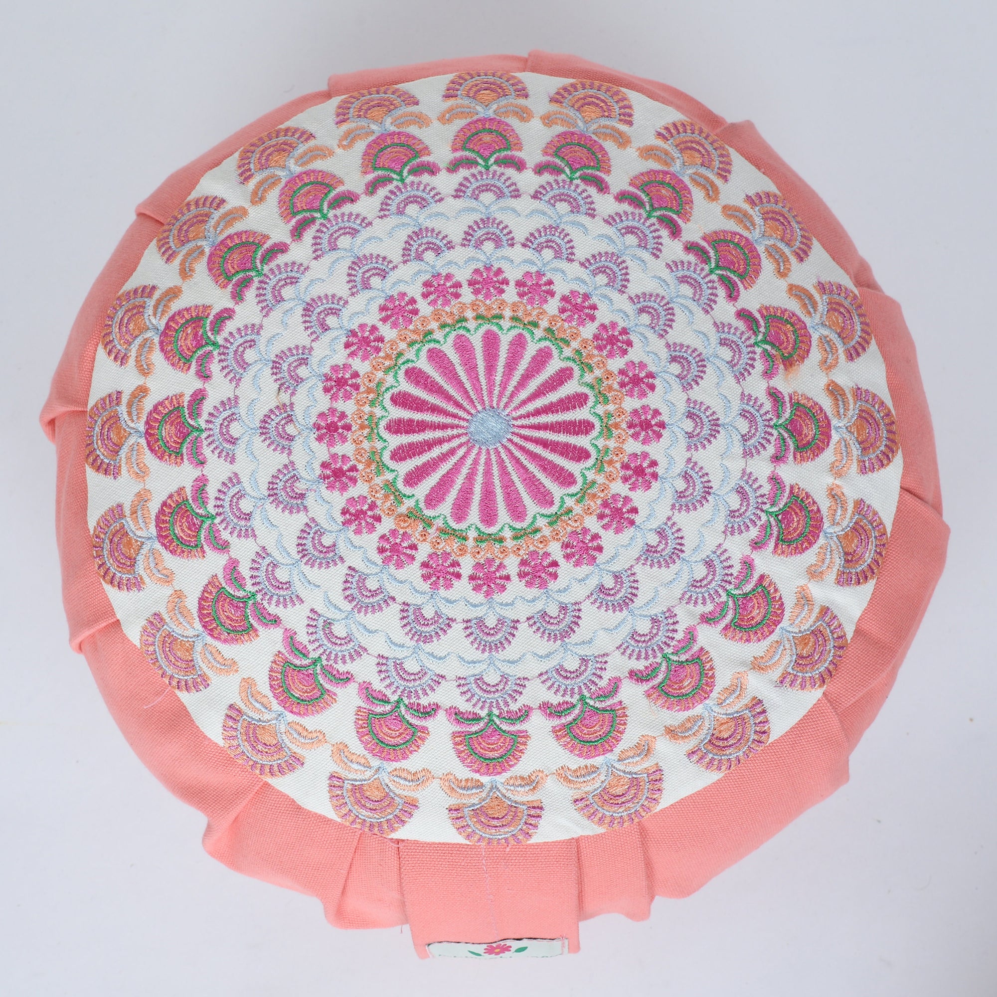 Embroidered Round Zafu Yoga Pillow |Zipped Cover |Washable| Portable - Alaknanda (Pink on PeachPink) - Size and Filling Options
