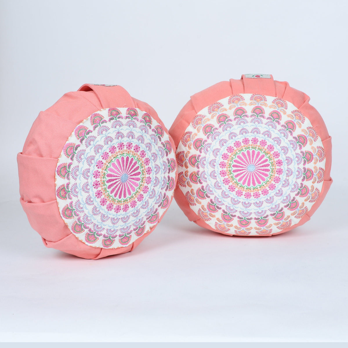 Embroidered Round Zafu Yoga Pillow |Zipped Cover |Washable| Portable - Alaknanda (Pink on PeachPink) - Size and Filling Options
