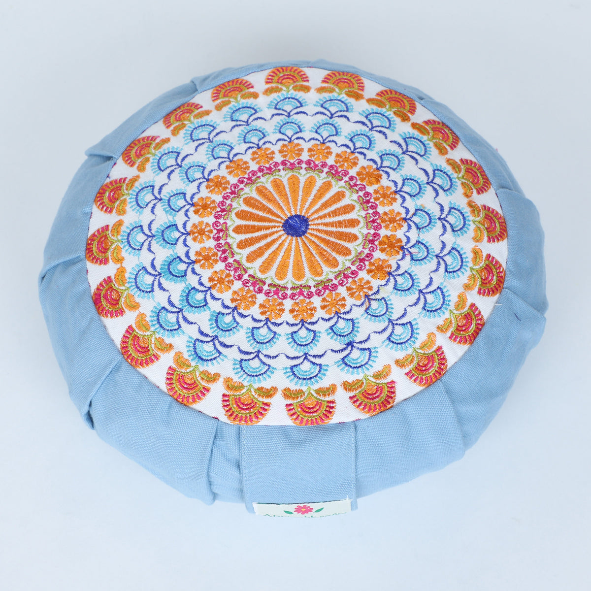 Embroidered Round Zafu Yoga Pillow |Zipped Cover |Washable| Portable - Gomti (Orange on Dust Blue) - Medium Size Limited Edition