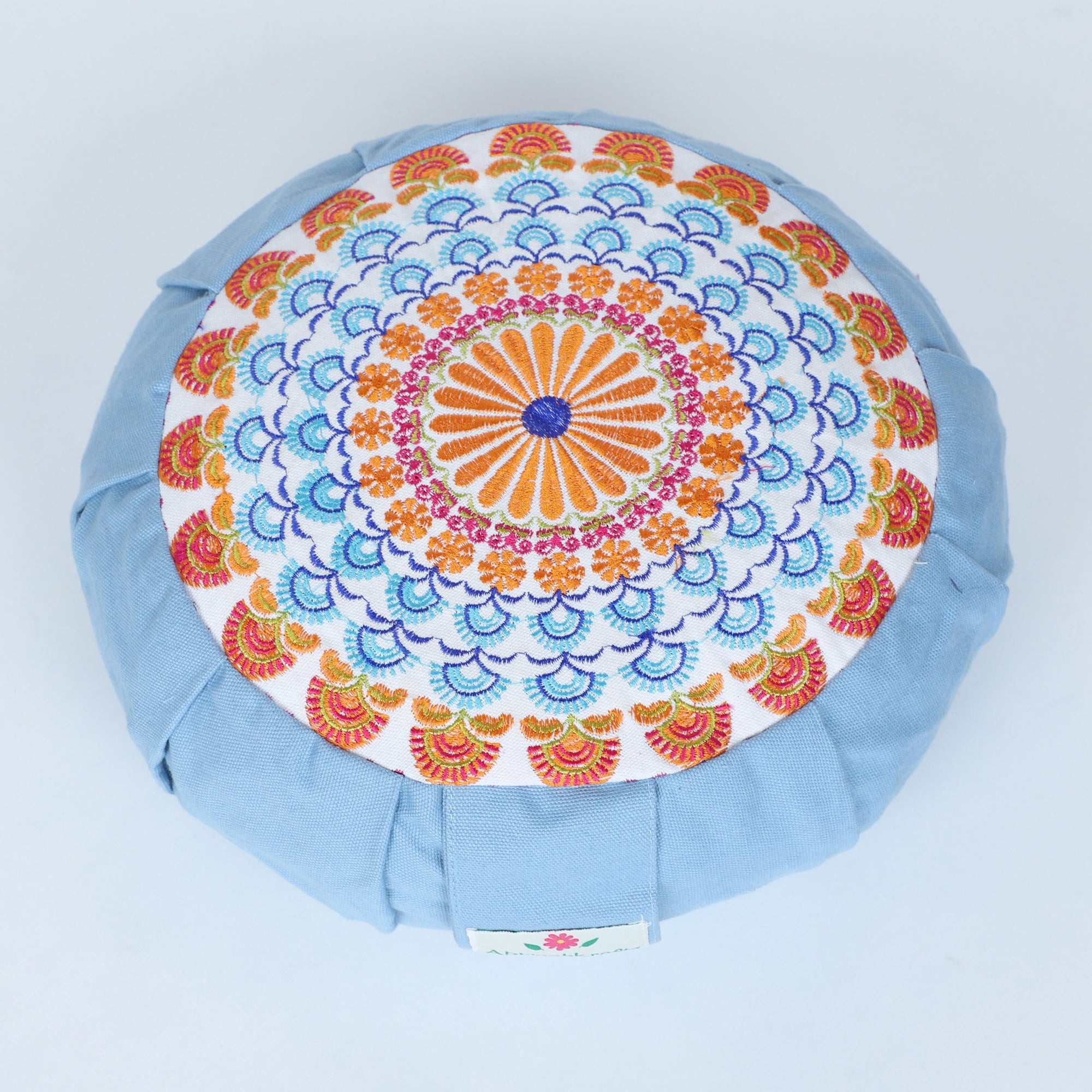 Embroidered Round Zafu Yoga Pillow |Zipped Cover |Washable| Portable - Gomti (Orange on Dust Blue) - Medium Size Limited Edition