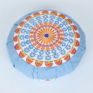 Embroidered Round Zafu Yoga Pillow |Zipped Cover |Washable| Portable - Gomti (Orange on Dust Blue) - Medium Size Limited Edition