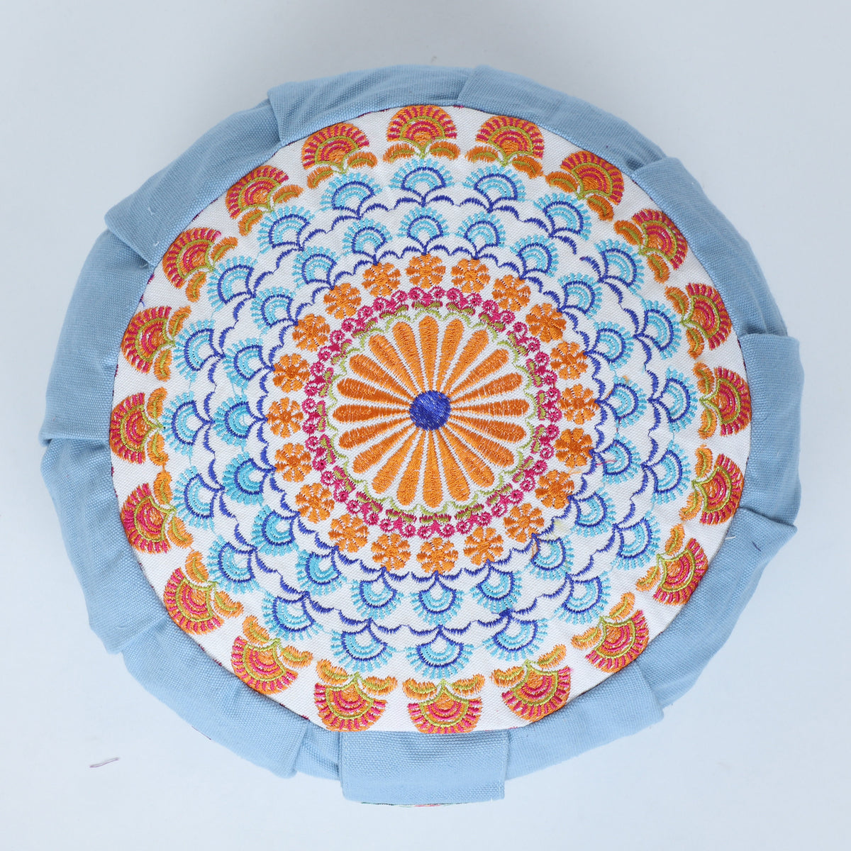 Embroidered Round Zafu Yoga Pillow |Zipped Cover |Washable| Portable - Gomti (Orange on Dust Blue) - Medium Size Limited Edition