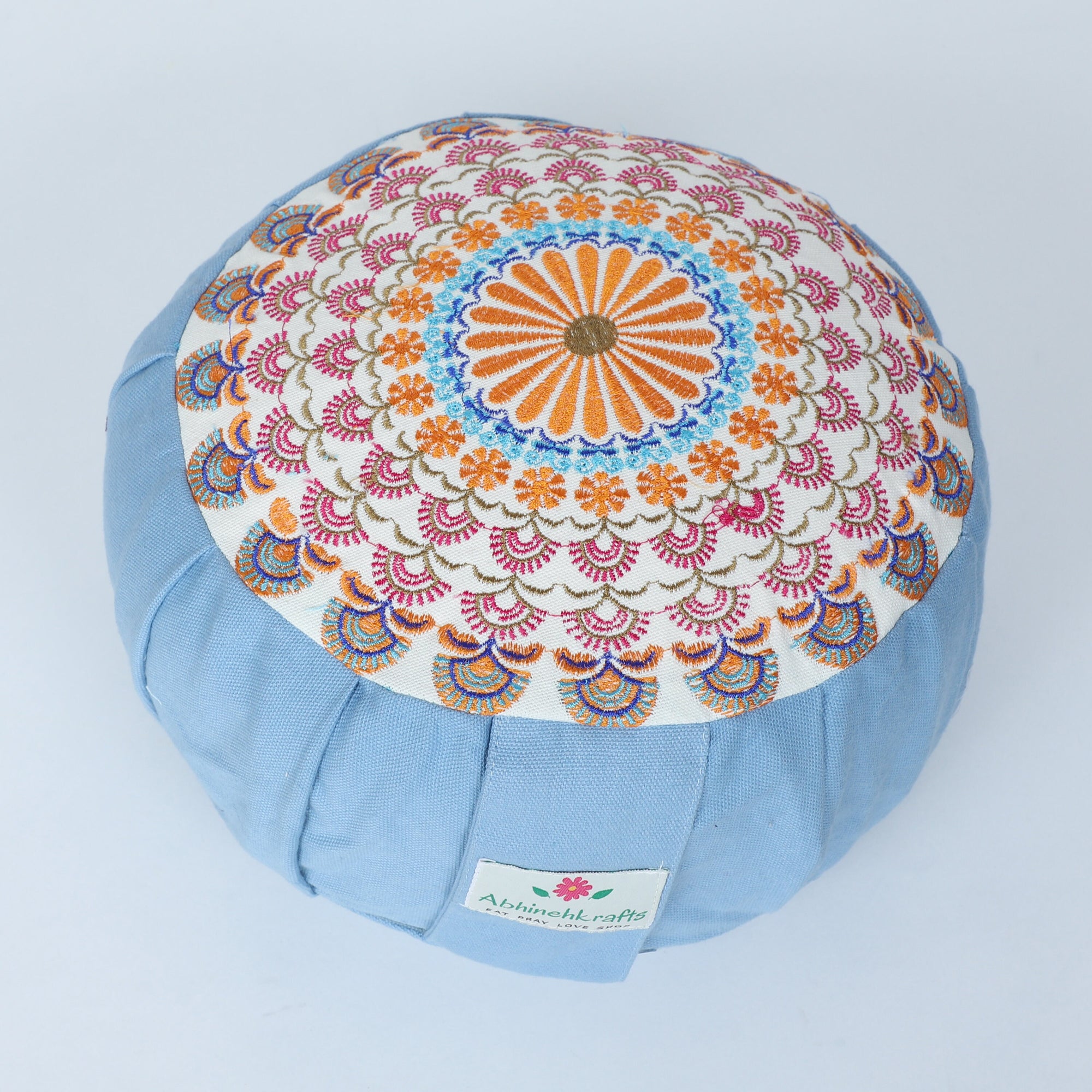 Embroidered Round Zafu Yoga Pillow |Zipped Cover |Washable| Portable - Sona (Gold on Dust Blue) - Medium Size Limited Edition